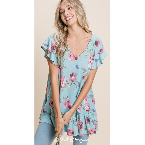 LAST 1! V Neck French Terry Ruffle Floral Top - Picture 8 of 8